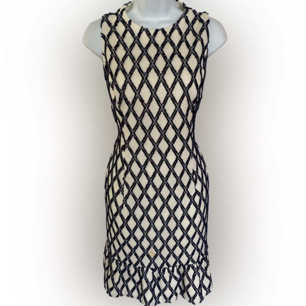 Sara Campbell Fringe Dress - 8 cream. Navy , cotton blend